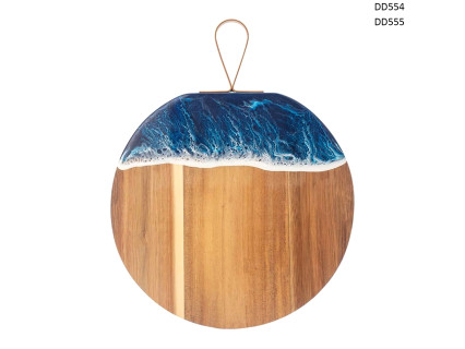 Tăbliță rotundă de bucătărie cu rășină epoxidică „Golf marin” din lemn de salcâm cu mâner din piele - DD554/DD555 - Sellzone.bg Tăbliță rotundă de bucătărie cu rășină epoxidică „Golf marin” din lemn de salcâm cu mâner din piele - DD554/DD555