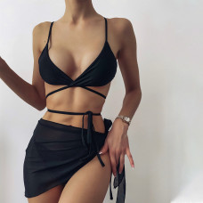 Costum de baie negru din trei piese cu fustă - W0513-W0515 - Sellzone.bg Costum de baie negru din trei piese cu fustă - W0513-W0515
